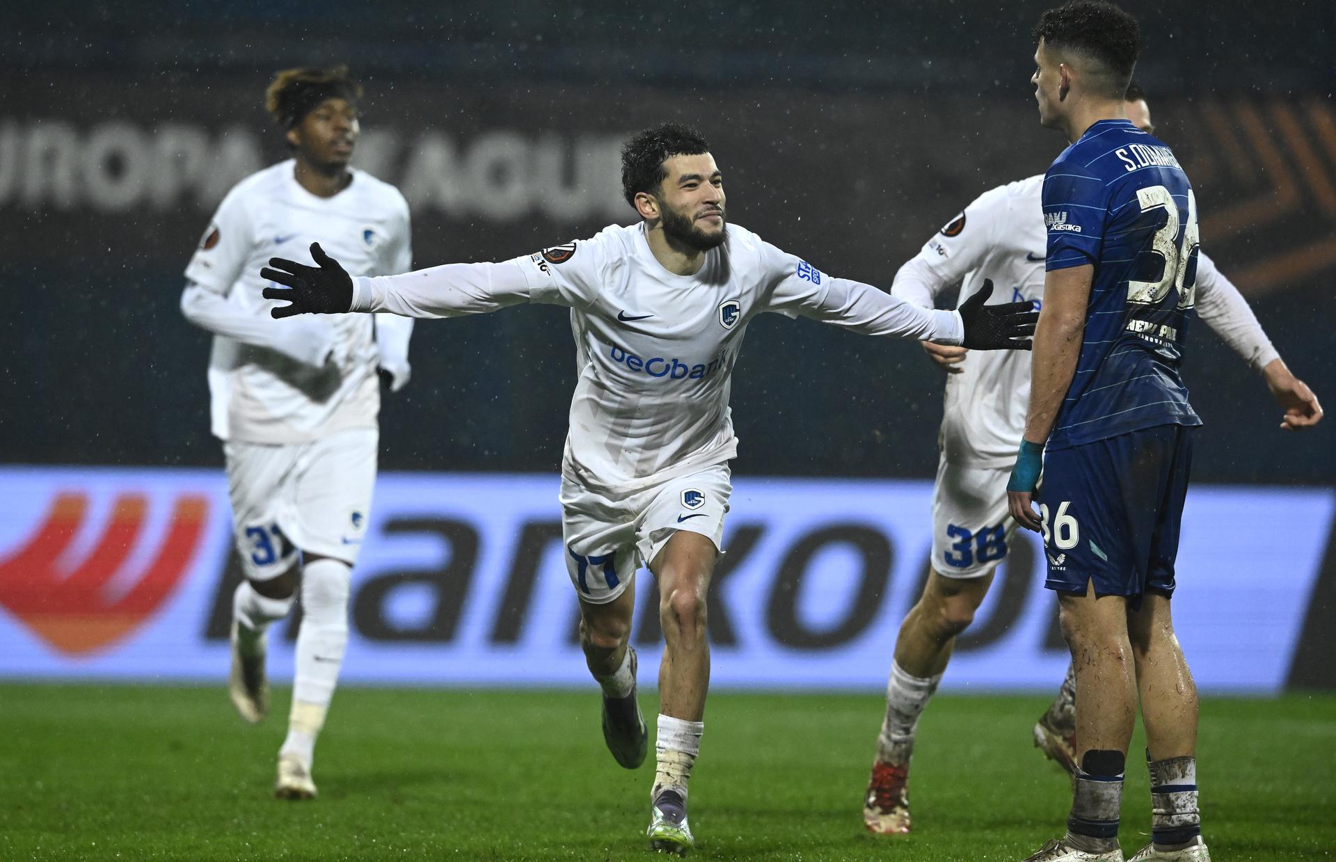 Genk's Zakaria El Ouahdi celebrates after scoring during a soccer game between GNK Dinamo Zagreb and Belgian soccer team KRC Genk, Thursday 19 February 2026 in Zagreb, Croatia, in the play-off for the knockout phase of the UEFA Europa League tournament. BENELUX ONLY BELGA PHOTO MARKO LUKUNIC