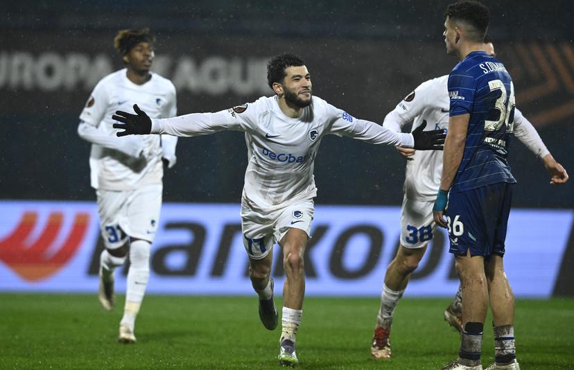 Genk's Zakaria El Ouahdi celebrates after scoring during a soccer game between GNK Dinamo Zagreb and Belgian soccer team KRC Genk, Thursday 19 February 2026 in Zagreb, Croatia, in the play-off for the knockout phase of the UEFA Europa League tournament. BENELUX ONLY BELGA PHOTO MARKO LUKUNIC
