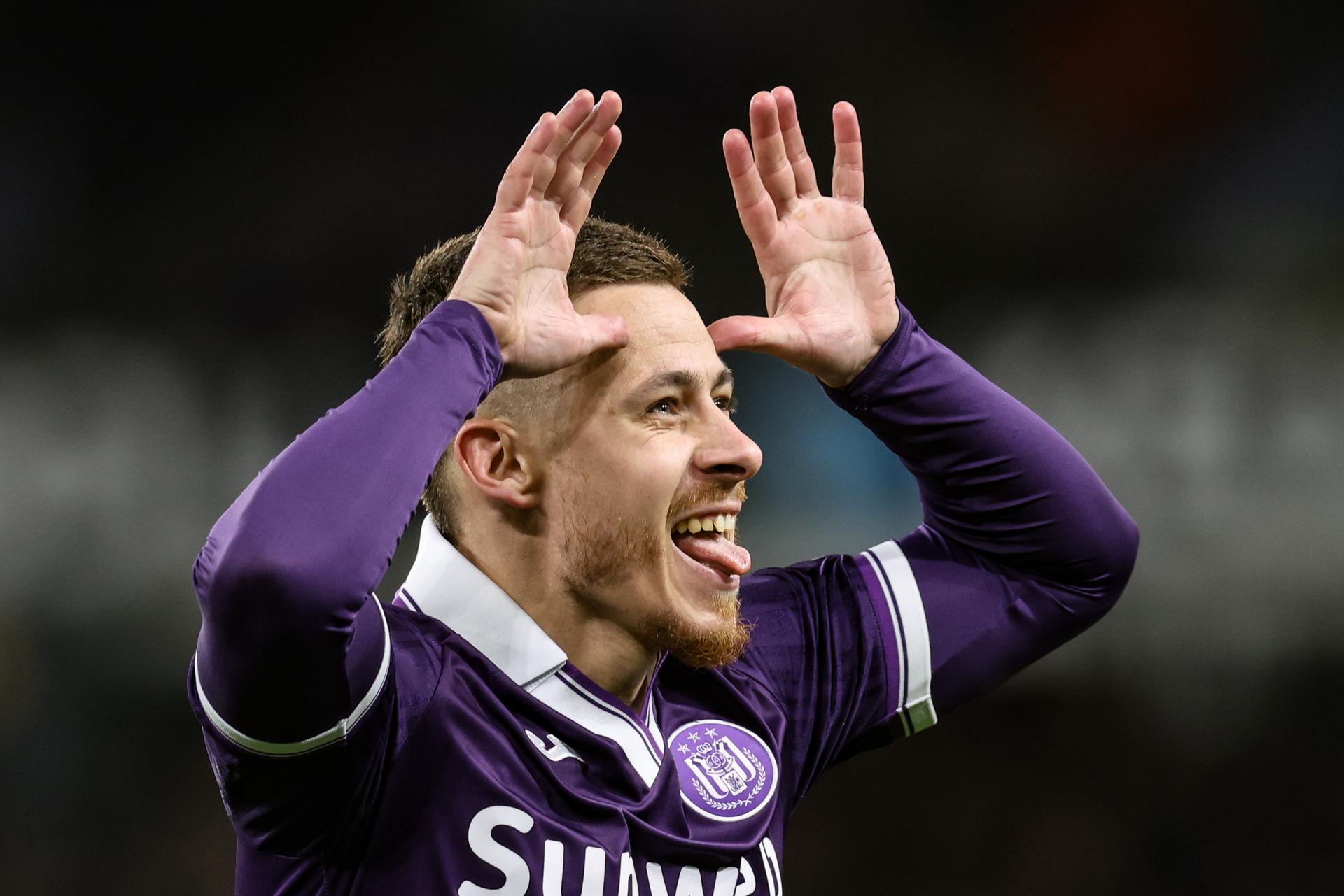 Anderlecht's Thorgan Hazard celebrates after scoring during a soccer match between RSC Anderlecht and Oud-Heverlee Leuven, Saturday 28 February 2026 in Brussels, on day 27 of the 2025-2026 'Jupiler Pro League' first division of the Belgian championship. BELGA PHOTO BRUNO FAHY