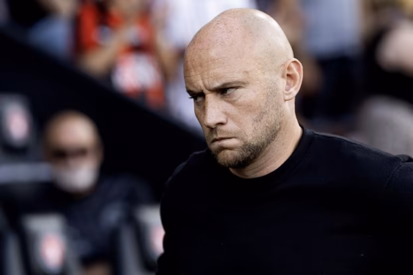 Hibernian FC's Scotish head coach David Gray reacts during the second qualifying round (1st leg) football match between between FC Midtjylland and Hibernian FC at the MCH Arena in Herning on July 24, 2025. Bo Amstrup / Ritzau Scanpix / AFP