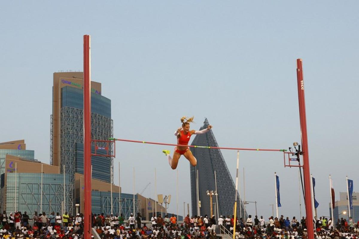 Britain's Molly Caudery competes in the women's Pole Vault final during the IAAF Diamond League competition at the Suheim Bin Hamad Stadium in Doha on May 16, 2025. Karim JAAFAR / AFP
