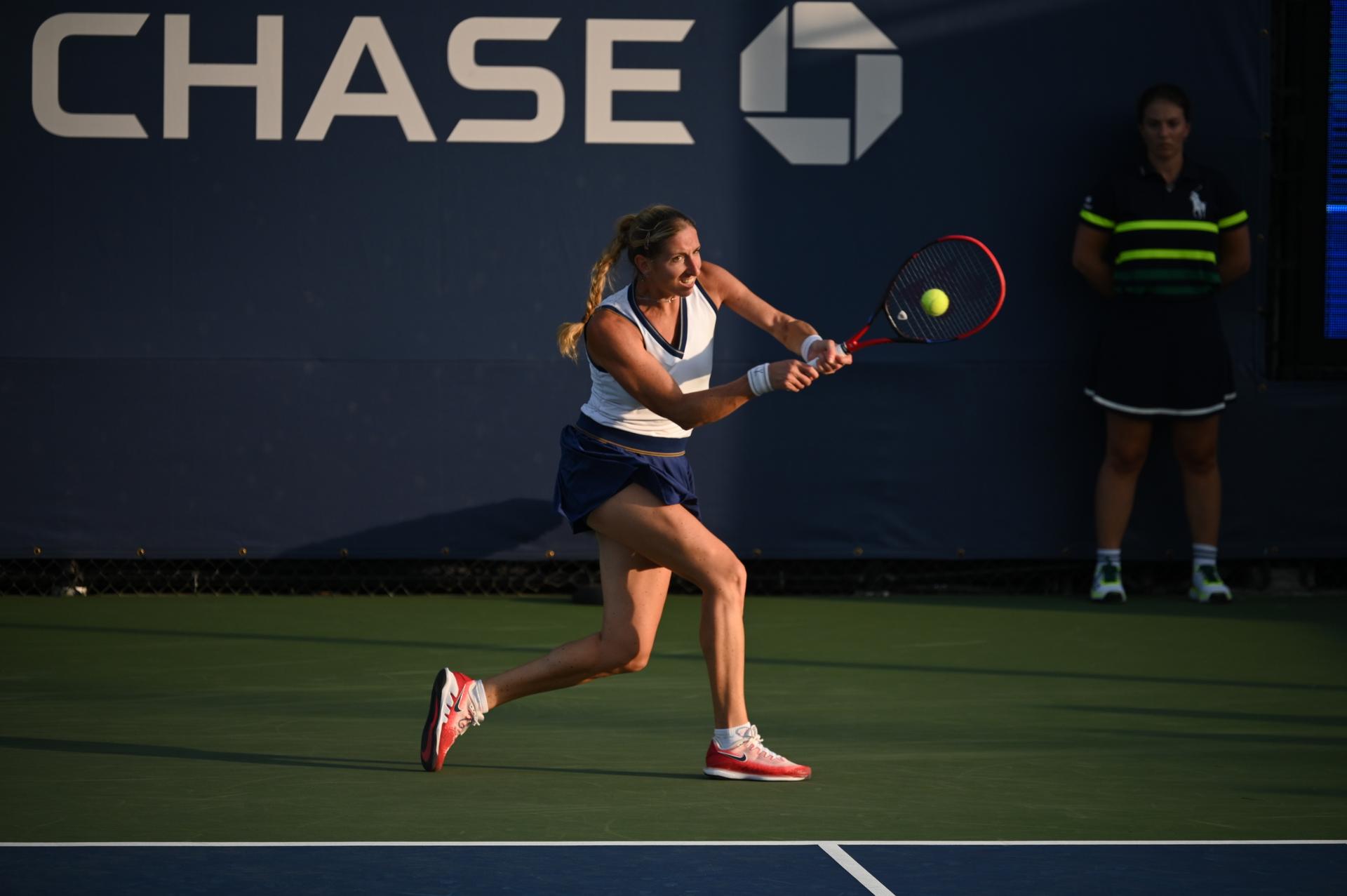 Magali Kempen pictured in action during a tennis match against Spanish Bolsova, in the Women's Qualifying Round at the 2023 US Open Grand Slam tennis tournament, at Flushing Meadow, New York City, USA, Tuesday 22 August 2023. BELGA PHOTO TONY BEHAR