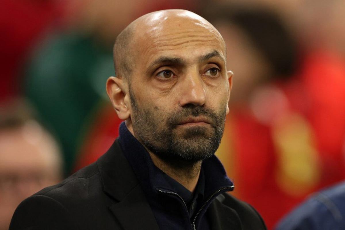 Kazakhstan's head coach Ali Aliyev react ahead of the 2026 World Cup Group J qualifier football match between Wales and Kazakhstan, at Cardiff City Stadium, in Cardiff, on March 22, 2025. Adrian Dennis / AFP