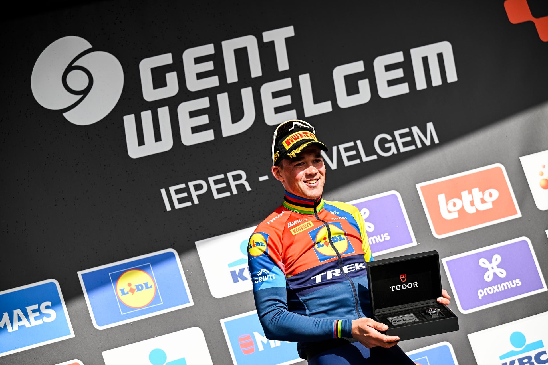 Danish Mads Pedersen of Lidl-Trek celebrates on the podium after winning the men elite 'Gent-Wevelgem - In Flanders Fields' one day cycling race, 250.3 km from Ieper to Wevelgem, Sunday 30 March 2025. BELGA PHOTO JASPER JACOBS