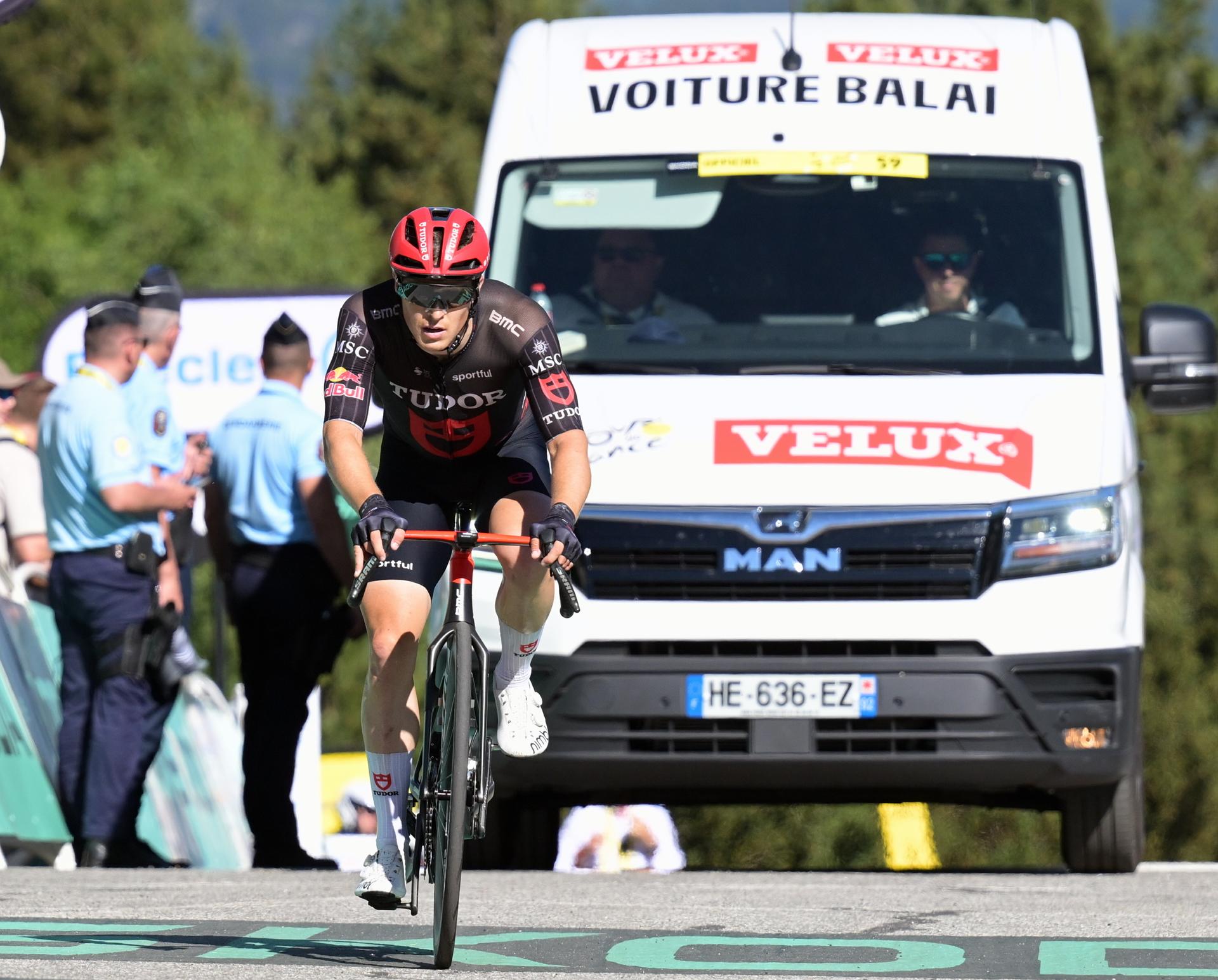 Dutch Arvid de Kleijn of Tudor Pro Cycling Team crosses the finish line of stage 3 of the 2026 Tour de France cycling race, a stage of 195,9km from Granollers, Spain, to Les Angles, France, Monday 06 July 2026. The 113th edition of the Tour de France starts on Saturday 4 July in Barcelona, Spain, and will finish in Paris, France on the 26th of July. BELGA PHOTO DAVID PINTENS