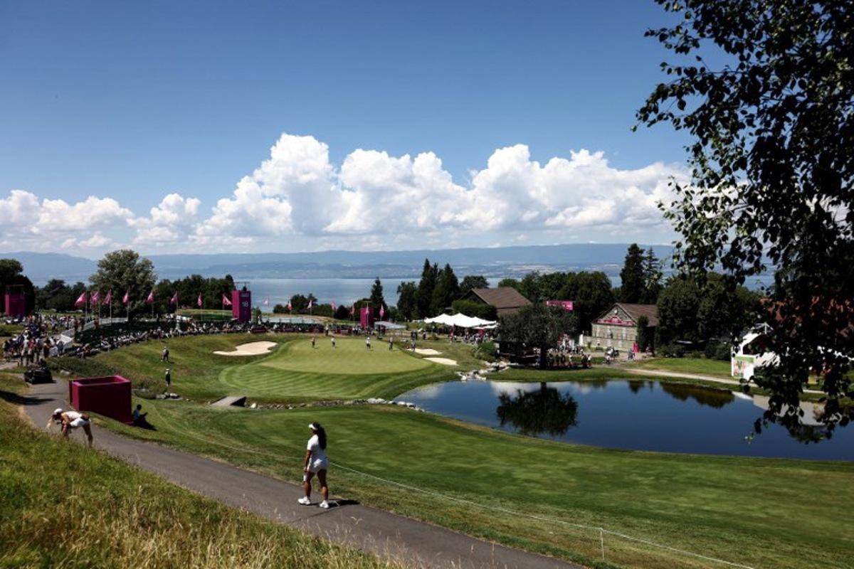 This photograph shows a general vieu of the 18th hole during the third round of the Amundi Evian Championship at Evian Resort Golf Club, in Evian-Les-Bains, eastern France on July 12, 2025. Alex MARTIN / AFP