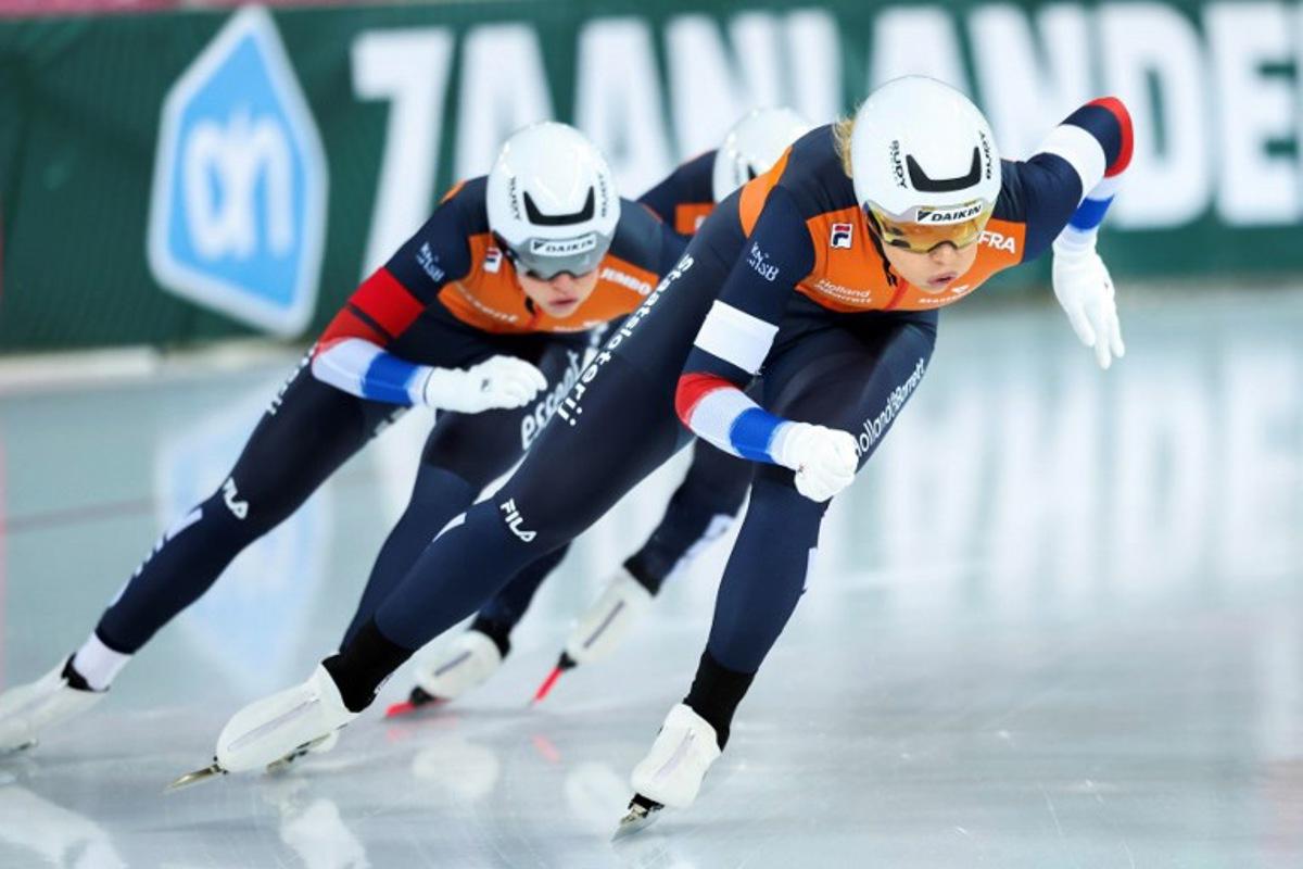 The Netherlands' Jutta Leerdam, Suzanne Schulting and Angel Daleman compete during the women's team sprint race of the ISU World Speed Skating Championships in Hamar, Norway on March 13, 2025. Geir Olsen / NTB / AFP