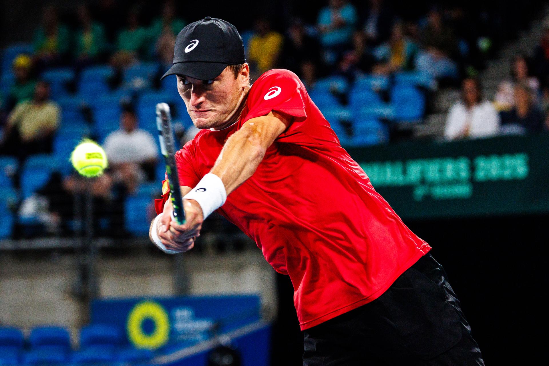 Belgian Raphael Collignon pictured in action duringa a tennis match between Belgian Collignon and Australian Thompson, during the qualifier of the Davis Cup, Sunday 14 September 2025, in Sydney, Australia. Belgium and Australia will compete this weekend in the second round of the Davis Cup qualifiers. BELGA PHOTO PATRICK HAMILTON