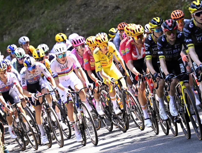 Slovenian Tadej Pogacar of UAE Team Emirates XRG, Norwegian Torstein Traeen of Uno-X Mobility and Danish Jonas Vingegaard of Team Visma-Lease a Bike pictured in action during stage 6 of the 2026 Tour de France cycling race, a stage of 186 km from Pau to Gavarnie-Gedre, on Thursday 09 July 2026. The 113th edition of the Tour de France starts on Saturday 4 July in Barcelona, Spain, and will finish in Paris, France on the 26th of July. BELGA PHOTO POOL TOMAS SISK