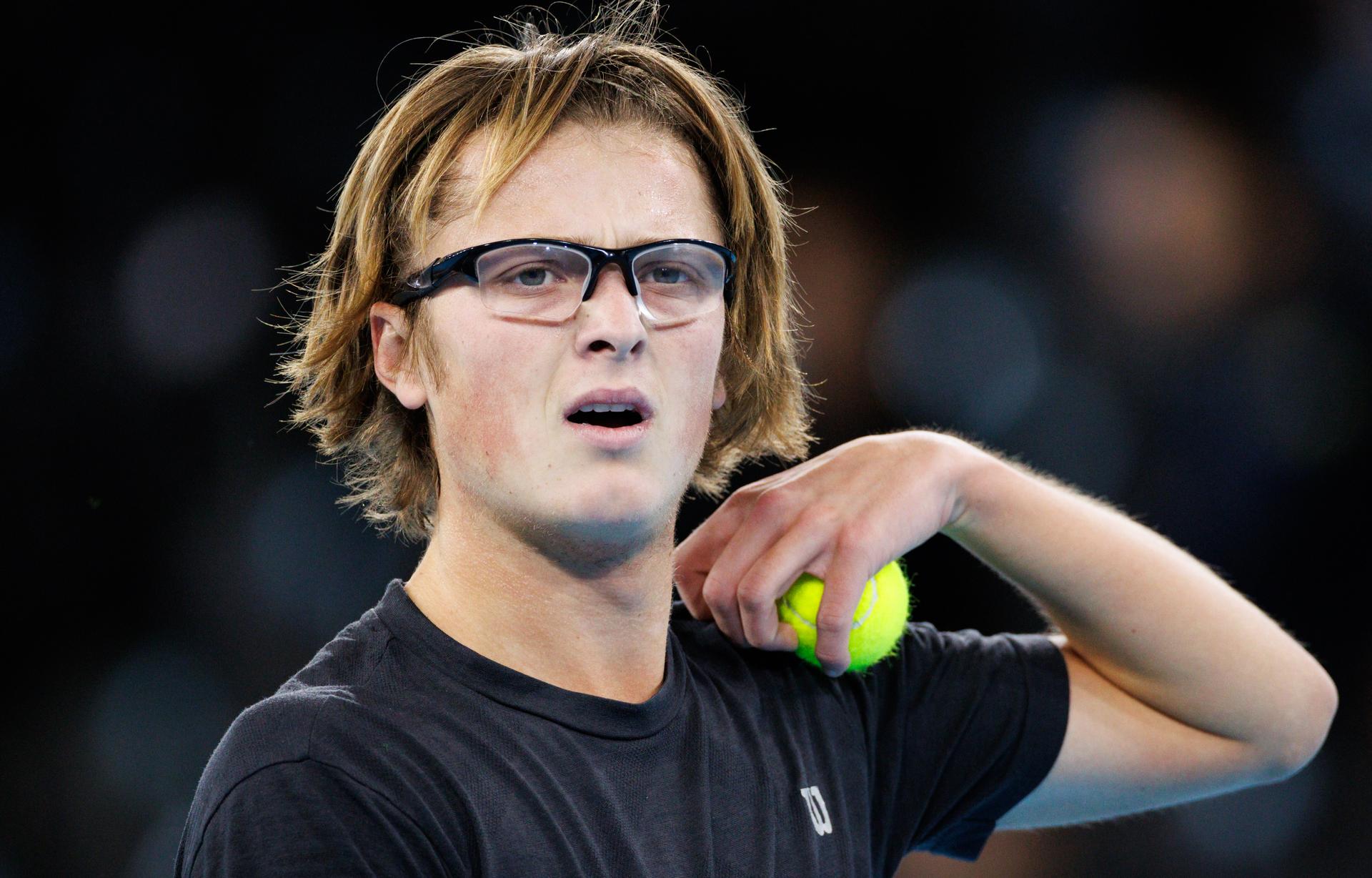 Belgian Jack Loge pictured during a qualification game between Belgian Loge and Kazach Yeseyev in the men's singles at the BW Open ATP Challenger 125 tournament, in Louvain-la-Neuve, Monday 22 January 2024. THE BW Open takes place from 22 to 28 January. BELGA PHOTO BENOIT DOPPAGNE
