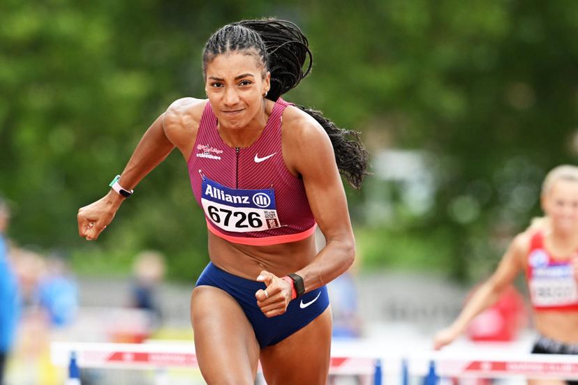 Belgian Nafissatou Nafi Thiam pictured during the 100m hurdles race at the Belgian athletics championships, Sunday 26 July 2026 in Kessel-Lo, Leuven. BELGA PHOTO JILL DELSAUX