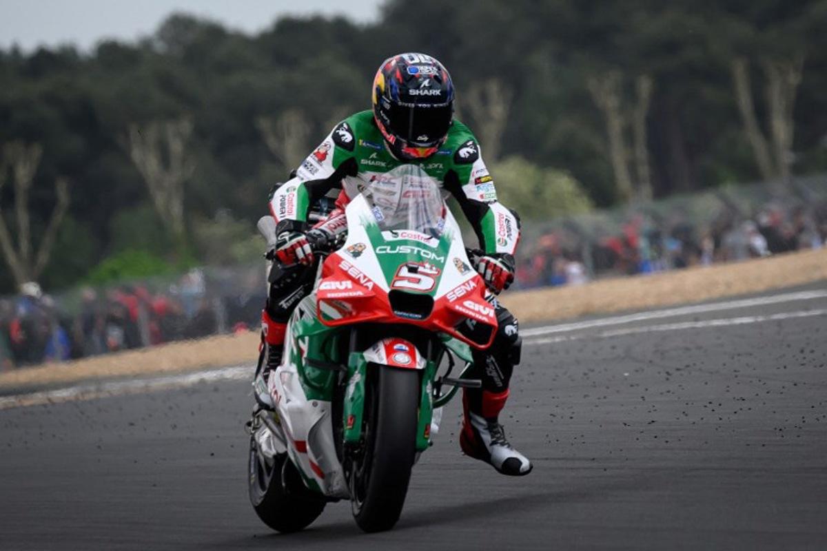 LCR Honda team's French MotoGP rider Johann Zarco rides during a France Moto GP Grand Prix free practice session at the Le Mans Circuit on May 9, 2025. Loic VENANCE / AFP