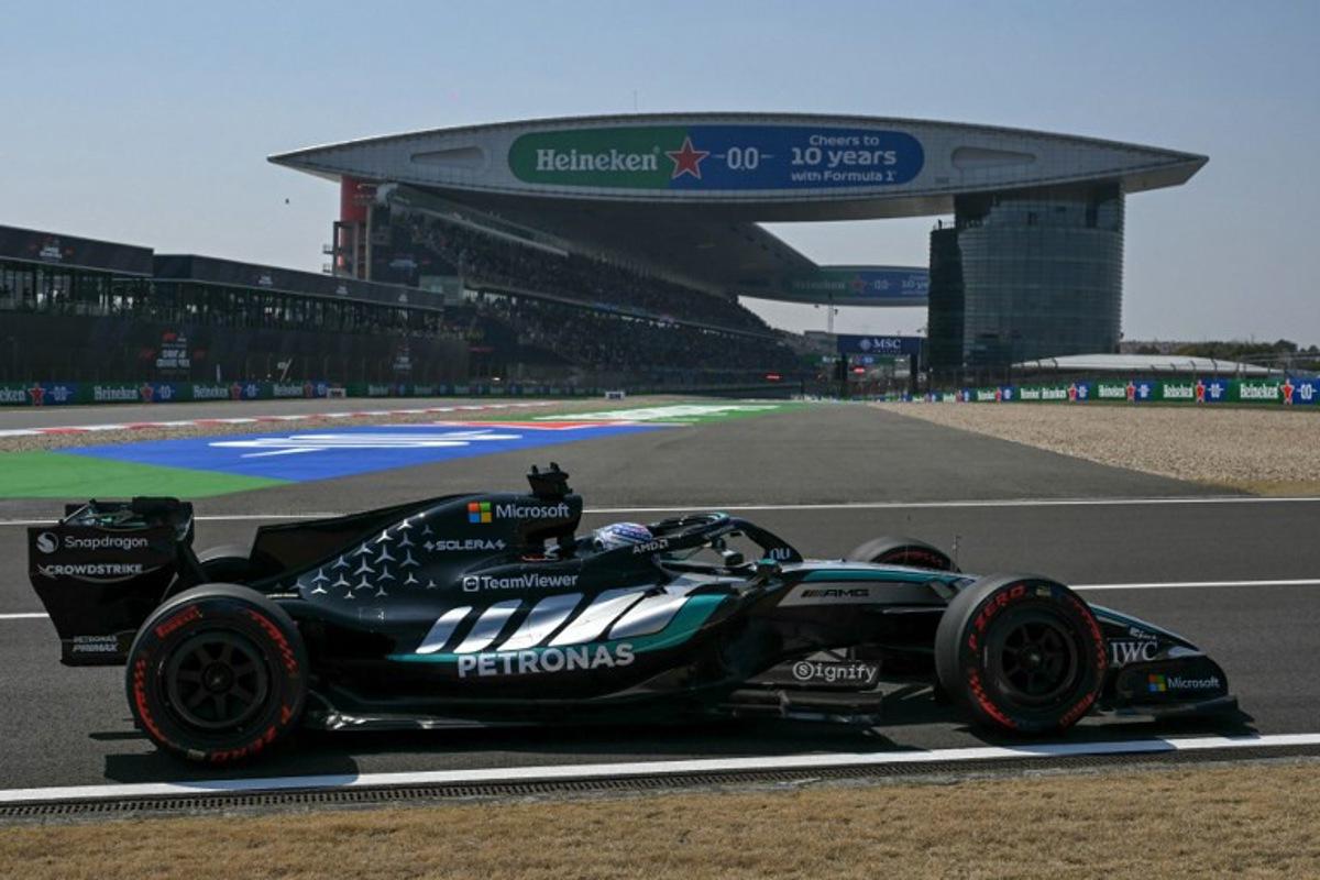 Mercedes' British driver George Russell drives during a practice session ahead of the Formula One Chinese Grand Prix at the Shanghai International Circuit in Shanghai on March 13, 2026. GREG BAKER / AFP