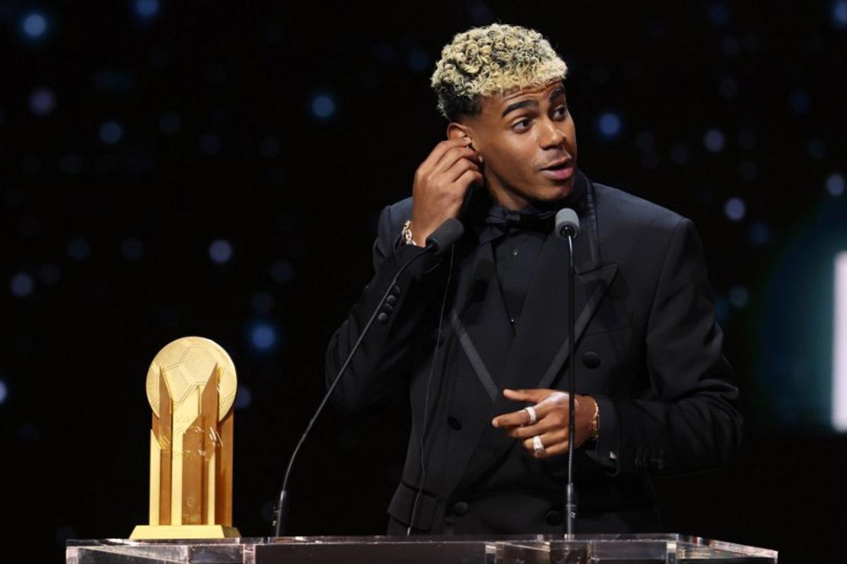 Barcelona's Spanish forward Lamine Yamal speaks after receiving the Kopa Trophy for the best under-21 player during the 2025 Ballon d'Or France Football award ceremony at the Theatre du Chatelet in Paris on September 22, 2025. Franck FIFE / AFP