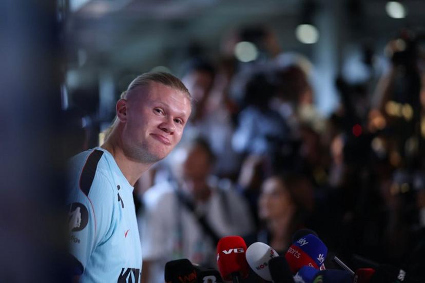 Norway's forward #09 Erling Braut Haaland gives a press conference at the Inter Miami CF Training Facility in Fort Lauderdale on July 9, 2026, during the 2026 World Cup football tournament. PATRICIA DE MELO MOREIRA / AFP