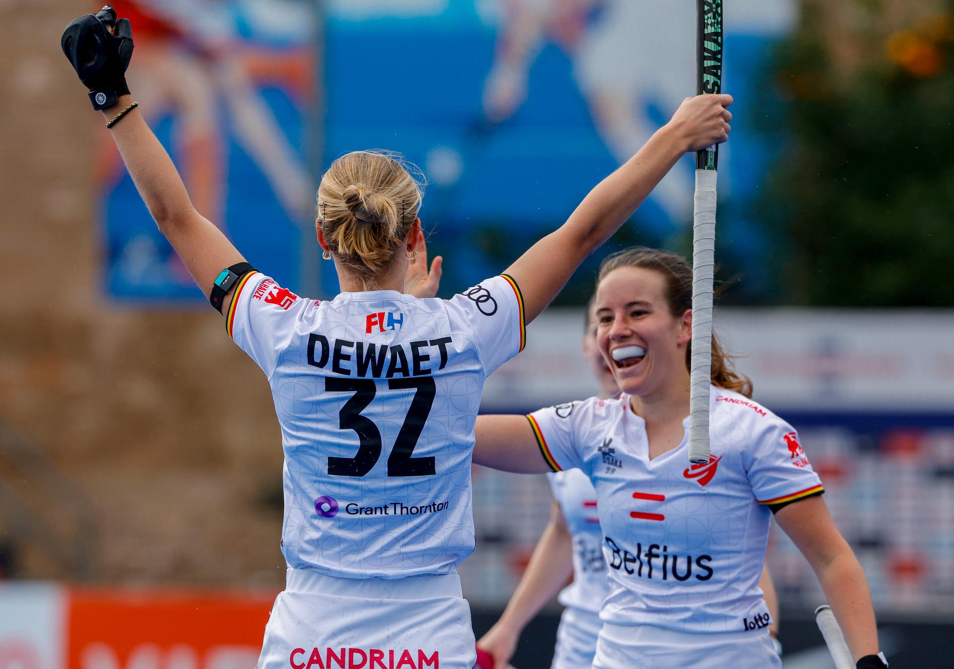 Belgium's Louise Dewaet pictured celebrating during a hockey game between Belgian national team Red Panthers and Spain, The fifth game (out of 16) in the group stage of the 2025-2026 women's FIH Pro League, Thursday 05 February 2026 in Valencia, Spain. BELGA PHOTO DAVID GONZALEZ