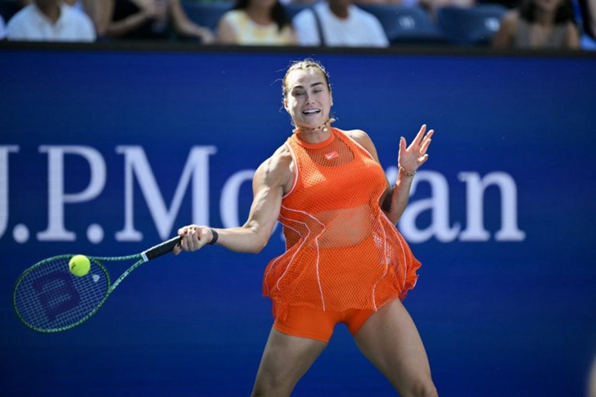 Belarus's Aryna Sabalenka hits a return against Uzbekistan's Kamilla Rakhimova during their women's singles third round tennis match on day six of the US Open tennis tournament at the USTA Billie Jean King National Tennis Center in New York City on September 4, 2026. ANGELA WEISS / AFP