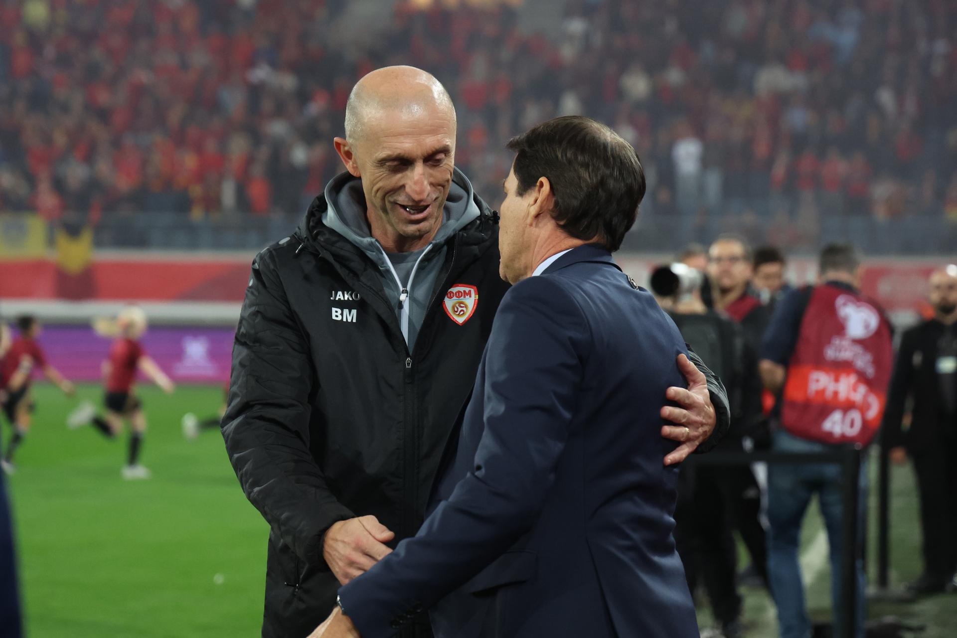North Macedonia's head coach Blagoja Milevski and Belgium's head coach Rudi Garcia pictured ahead of a soccer game between Belgian national team Red Devils and North Macedonia, Friday 10 October 2025 in Gent, qualification game 5/8 for the World Cup 2026. BELGA PHOTO VIRGINIE LEFOUR