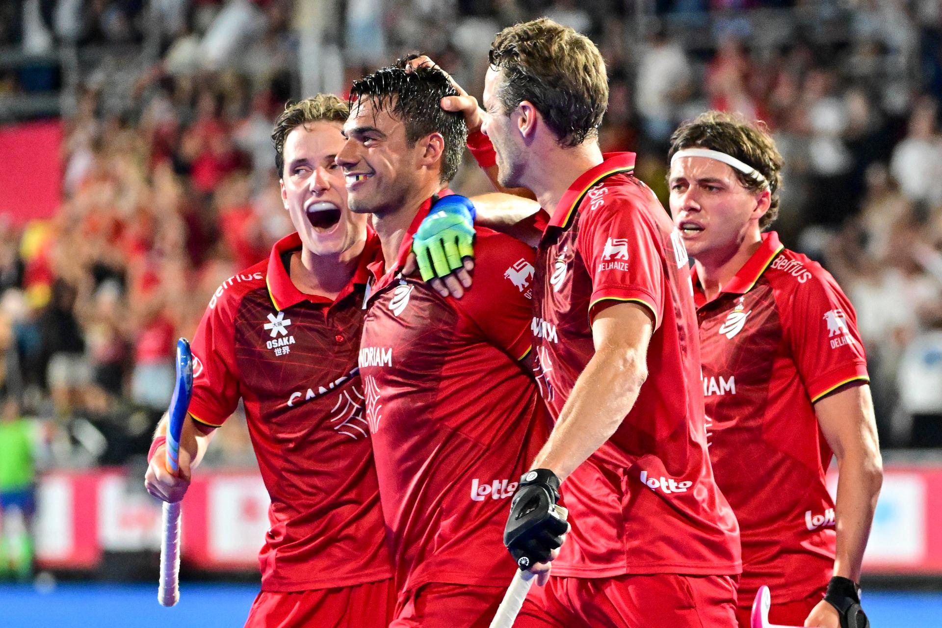 Belgium's Alexander Hendrickx and Belgium's Nicolas de Kerpel celebrate after scoring during a hockey game between Belgium's Red Lions and France, the first (out of three) matches during the group stage of the men's 2026 Hockey World Cup, Saturday 15 August 2026 in Wavre. The 2026 edition of the Hockey World Cup takes place in Belgium and The Netherlands from August 15 to August 30. BELGA PHOTO DIRK WAEM