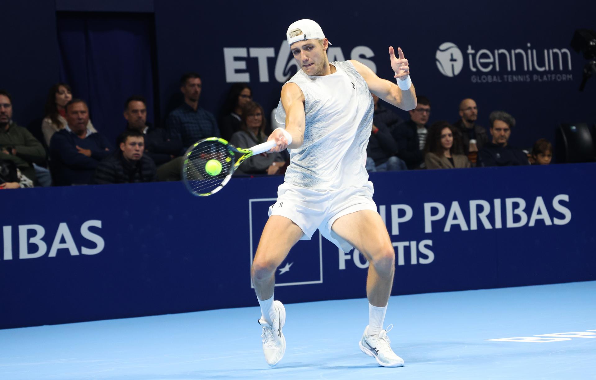 Belgian Tibo Colson pictured in action during the European Open ATP tennis tournament in Brussels, on Sunday 12 October 2025. This year's edition of the tournament is taking place from 12 to 19 October 2025. BELGA PHOTO VIRGINIE LEFOUR