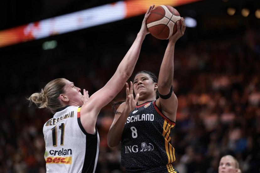 Belgium's power forward #11 Emma Meesseman blocks Germany's power forward #08 Nyara Sabally during the FIBA Women's Basketball World Cup quarter-final match between Belgium and Germany at the Berlin Arena in Berlin on September 10, 2026. Ronny HARTMANN / AFP