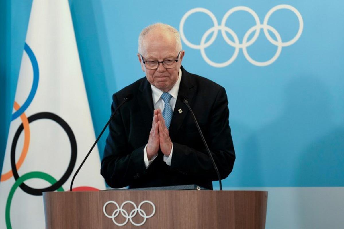 President of the International Biathlon Union Olle Dahlin thanks the audience during the IOC session at the Milano Cortina 2026 Winter Olympic Games in Milan on February 22, 2026. Luca Bruno / POOL / AFP