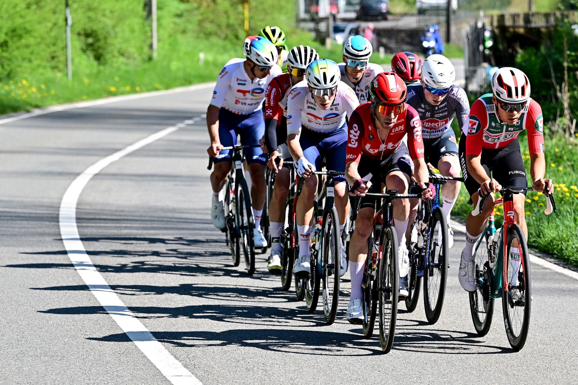 Argentine Eduardo Sepulveda of Lotto Cycling Team and Norwegian Sakarias Koller Loland of Uno-X Mobility leading the breakaway group during the men elite race of the Liege-Bastogne-Liege one day cycling event, 252km from Liege, over Bastogne to Liege, Sunday 27 April 2025. BELGA PHOTO MAARTEN STRAETEMANS