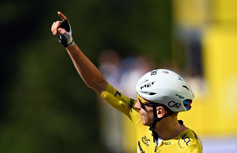 Slovenian Tadej Pogacar of UAE Team Emirates-XRG and pictured as he crosses the finish line of the stage 10 of the 2026 Tour de France cycling race, a stage of 167km from Aurillac to Le Lioran, on Tuesday 14 July 2026. The 113th edition of the Tour de France starts on Saturday 4 July in Barcelona, Spain, and will finish in Paris, France on the 26th of July. BELGA PHOTO JASPER JACOBS