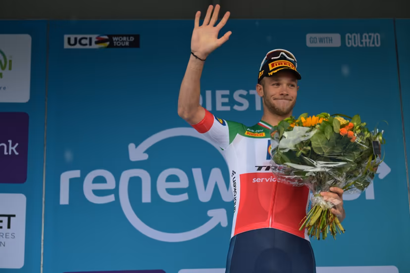 Winner Italian Jonathan Milan of Lidl-Trek celebrates on the podium of the first stage of the 'Renewi Tour' multi-stage cycling race, from Diest and back (191,3 km) on Wednesday 19 August 2026. The five-day race takes place from 19 to 23/08. BELGA PHOTO DAVID PINTENS