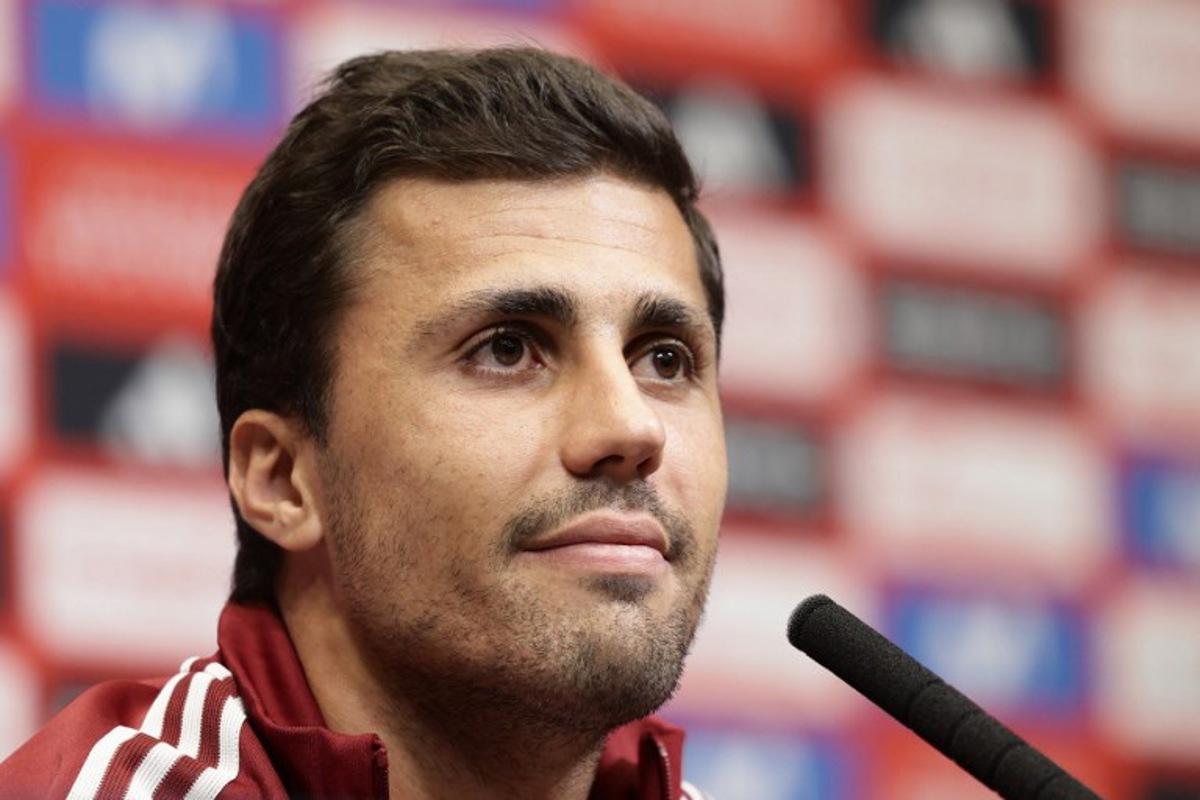 Spain's midfielder #16 Rodri smiles during a press conference at Wembley Stadium, north west London, on September 25, 2026, ahead of their Nations League fixture against England. Brook Mitchell / AFP