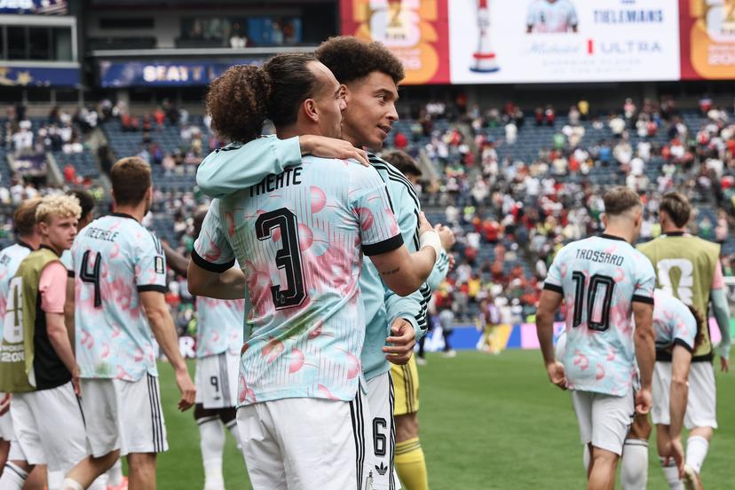 Belgium's Arthur Theate and Belgium's Axel Witsel celebrate after winning a soccer game between Belgian national team Red Devils and Senegal, on Wednesday 01 July 2026, at the Seattle Field, in Seattle, a 1/16 finals game in the FIFA World Cup 2026. BELGA PHOTO BRUNO FAHY
