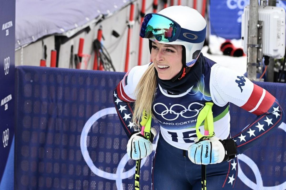 US' Lindsey Vonn reacts during an official training for the women's downhill event during the Milano Cortina 2026 Winter Olympic Games at the Tofane Alpine Skiing Centre in Cortina d'Ampezzo on February 7, 2026. Tiziana FABI / AFP