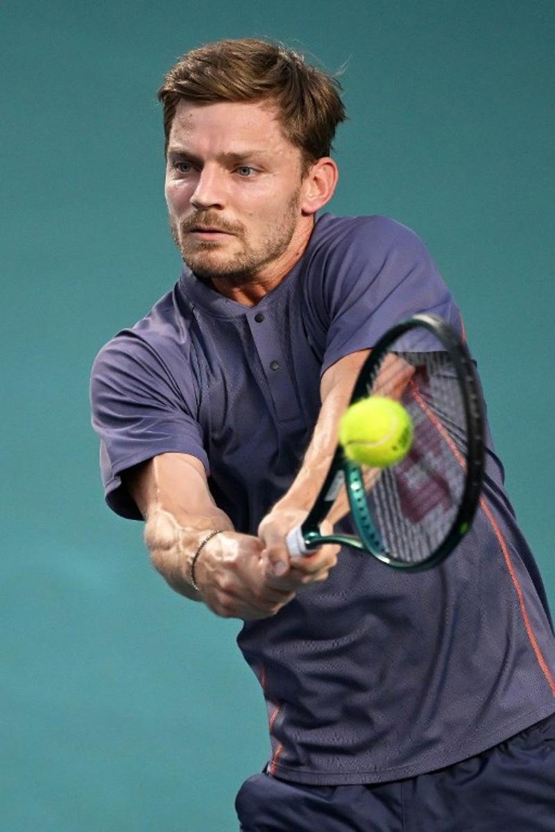 Belgium's David Goffin returns the ball to USA's Brandon Nakashima during their 2025 Mexico ATP Open 500 men´s singles tennis match at the Arena GNP Seguros in Acapulco, Guerrero State, Mexico on February 27, 2025. CARL DE SOUZA / AFP