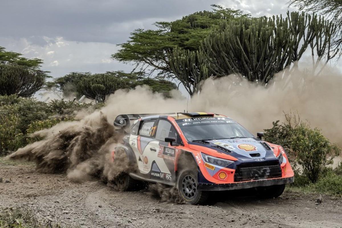 Hyundai Shell Mobis World Rally Team's Belgian driver Thierry Neuville steers his Hyundai i20 N Rally1 Hybrid with Belgian co-driver Martijn Wydaeghe during the World Rally Championship (WRC) Safari Rally Kenya Special Stage 7 (SS7) in Naivasha, on March 29, 2024. LUIS TATO / AFP