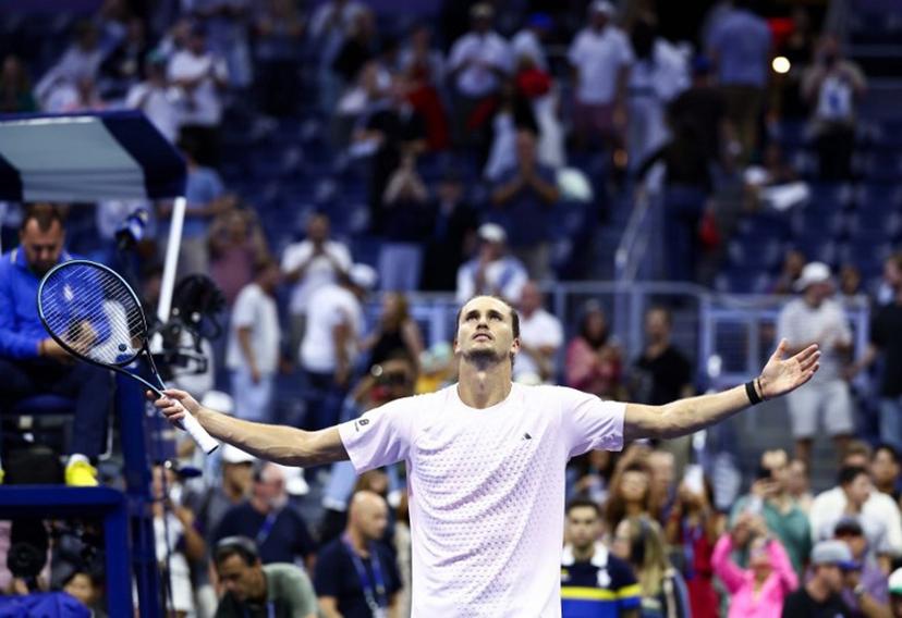 Germany's Alexander Zverev celebrates after defeating Italy's Lorenzo Sonego during the men's singles first-round tennis match on day three of the US Open tennis tournament at the USTA Billie Jean King National Tennis Center in New York City in the early hours of September 2, 2026. CHARLY TRIBALLEAU / AFP