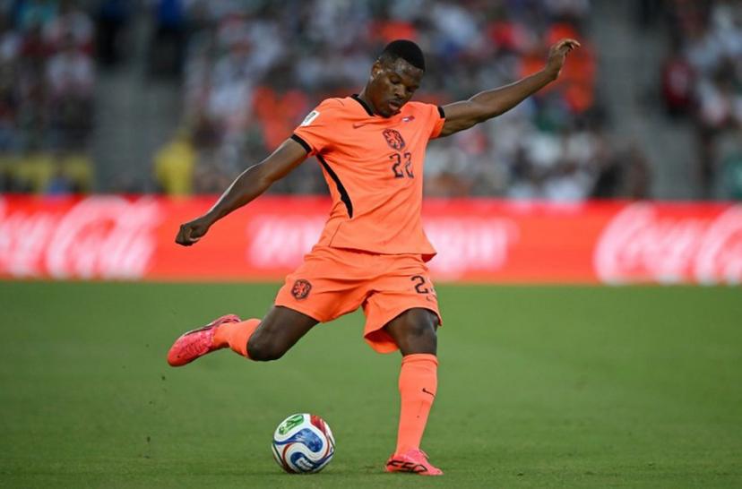 Netherlands' defender #22 Denzel Dumfries shoots during the 2026 World Cup round of 32 football match between the Netherlands and Morocco at the Monterrey Stadium in Guadalupe on June 29, 2026. CARL DE SOUZA / AFP