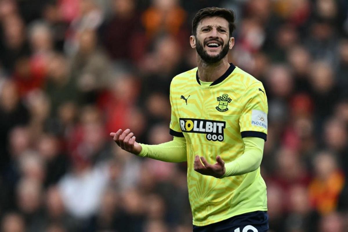 Southampton's English midfielder #10 Adam Lallana reacts during the English Premier League football match between Liverpool and Southampton at Anfield in Liverpool, north west England on March 8, 2025. Paul ELLIS / AFP