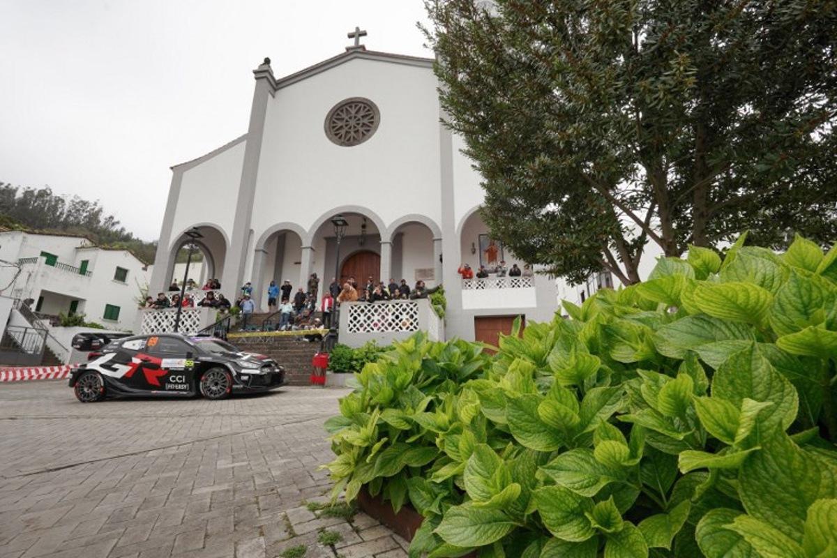 Kalle Rovanpera of Finland and his co-driver Jonne Halttunen of Finland compete in their Toyota GR Rally 1 during the SS10 special Moya-Galdar of the World Rally Championship (WRC) Rally Islas Canarias on the Spanish Canary island of Gran Canaria, on April 26, 2025. Manaure QUINTERO / AFP