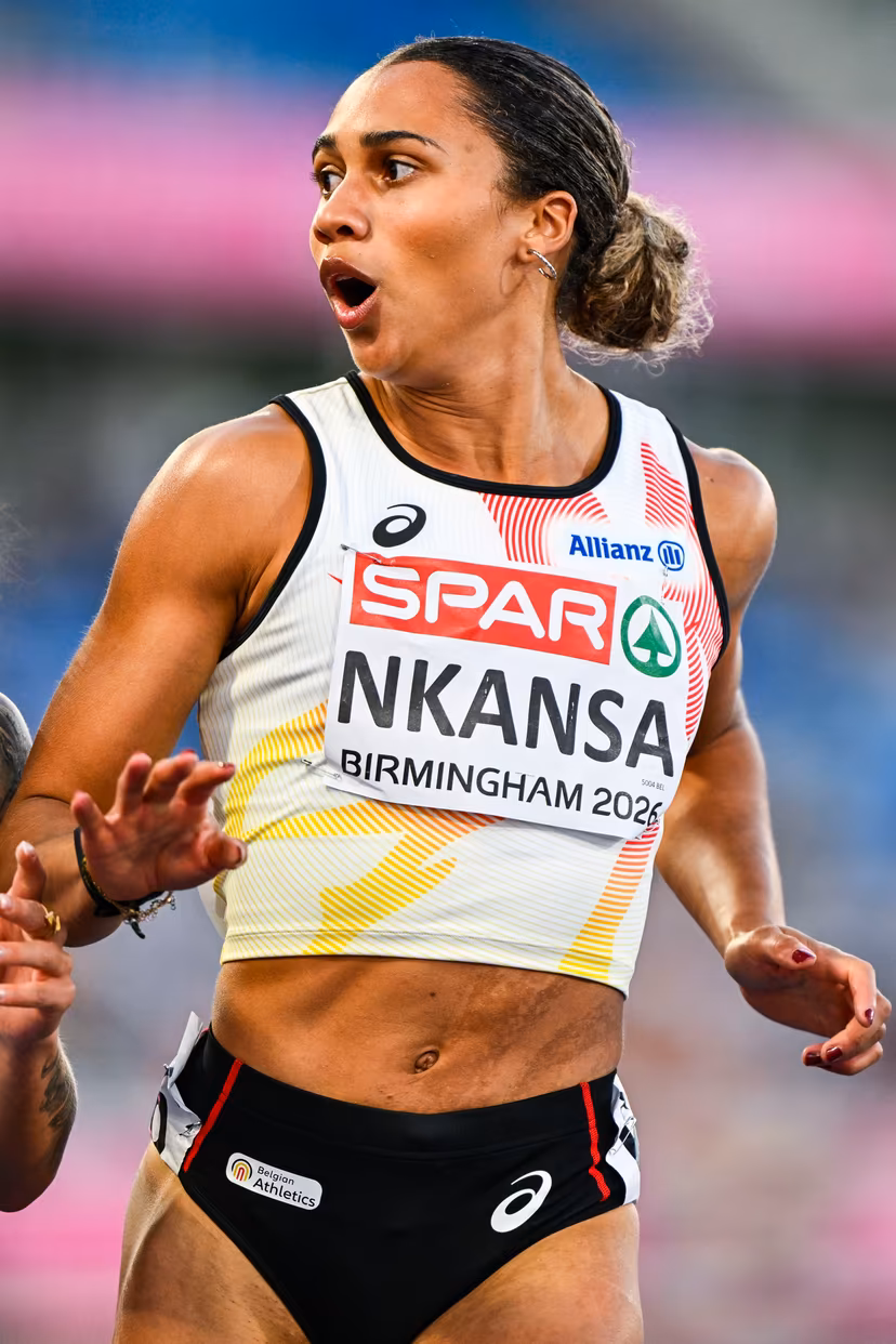 Belgian Delphine Nkansa reacts as she finishes second and qualify for the final during the semi-finals of the women's 100m race at the European Athletics Championships (August 10-18) in Birmingham, United Kingdom, on Monday 10 August 2026. BELGA PHOTO ERIC LALMAND