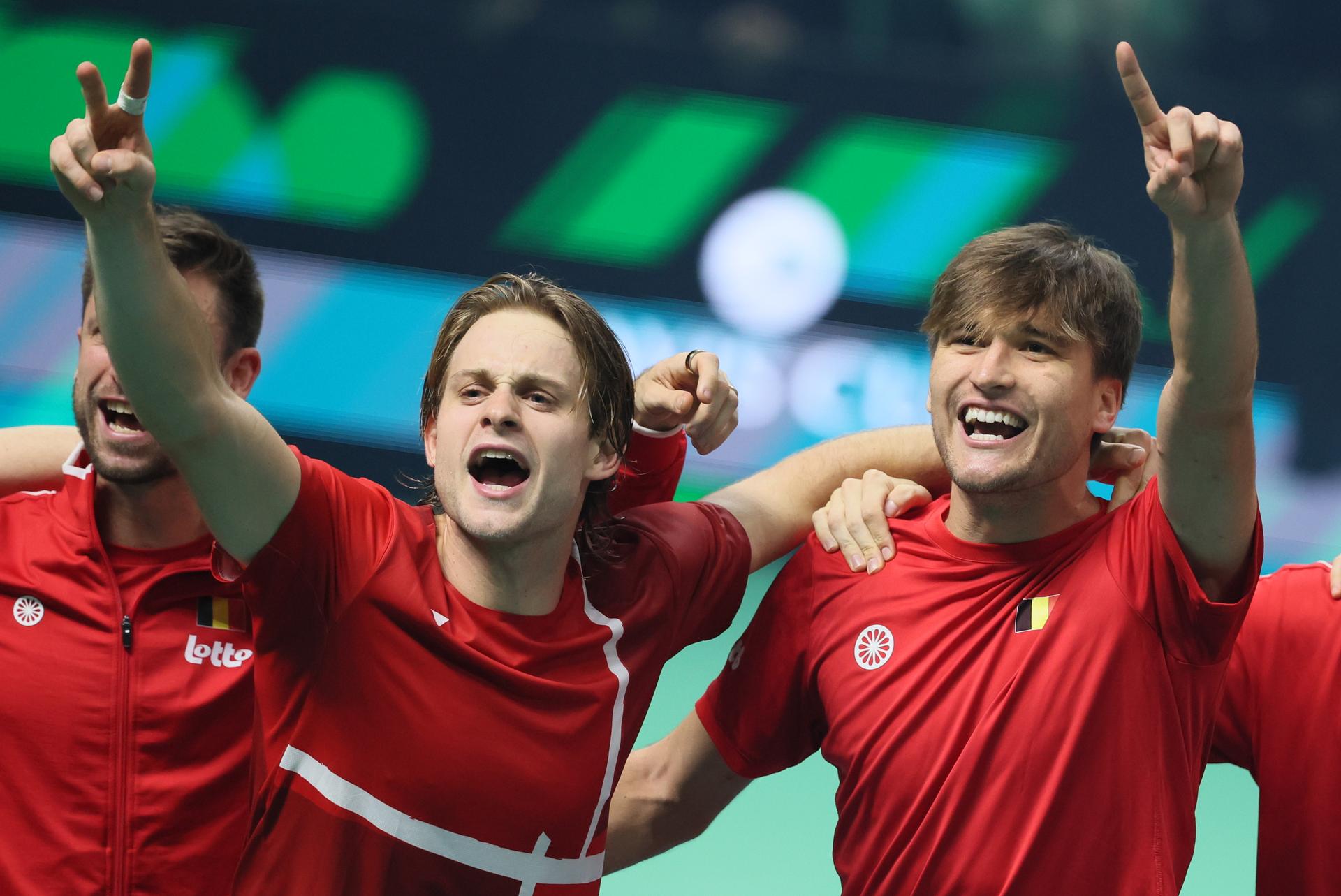 Belgian Zizou Bergs and Raphael Collignon celebrate after winning their matches at the Davis Cup quarter-finals between Belgium and France, in Bologna, Italy, on Tuesday 18 November 2025. Davis Cup top eight Finals takes place in Bologna from November 18 to 23. BELGA PHOTO BENOIT DOPPAGNE