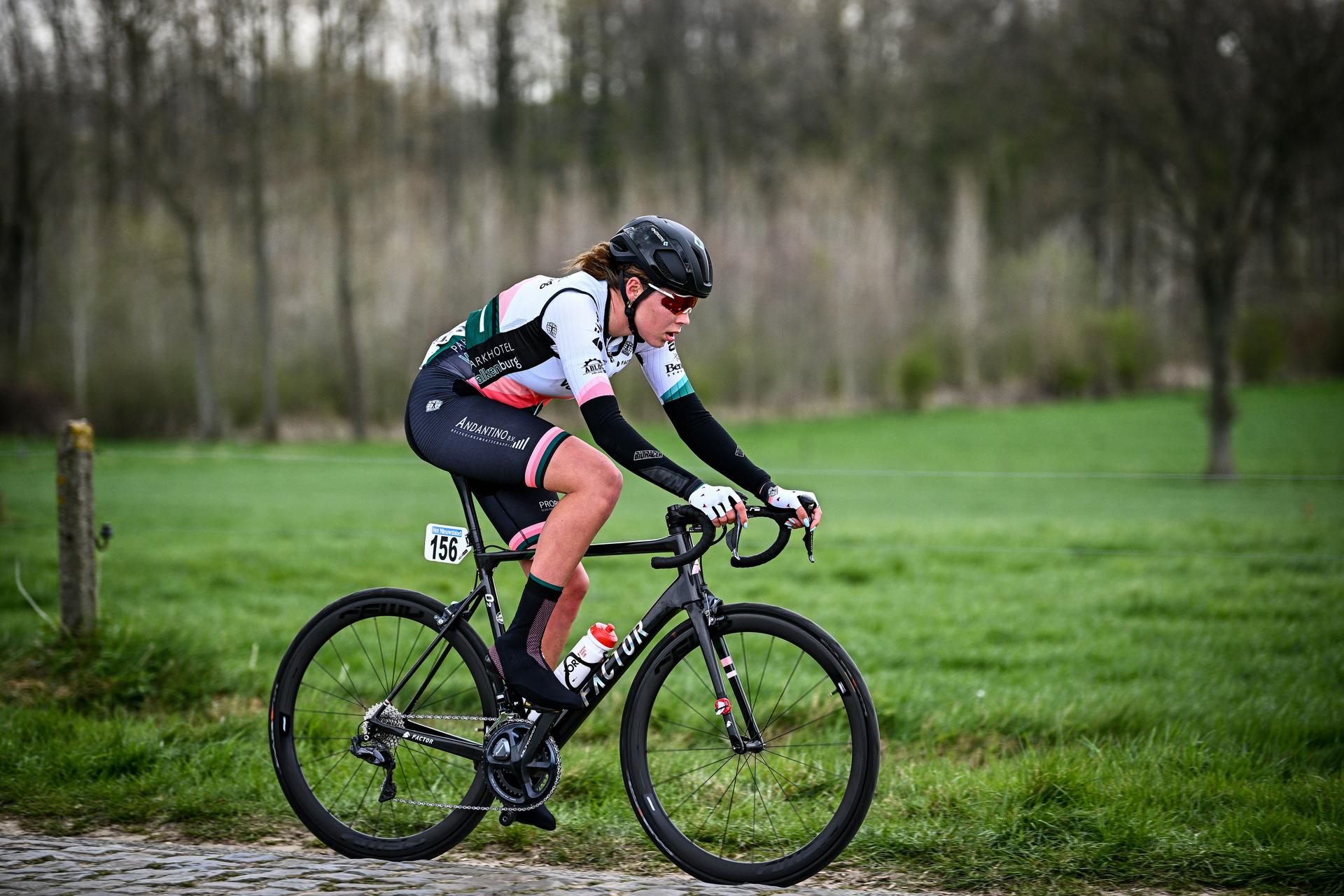 Dutch Sofie Van Rooijen of Parkhotel Valkenburg pictured in the Paddestraat during the women's race of the 'Ronde van Vlaanderen - Tour des Flandres - Tour of Flanders' one day cycling event, 158,6km from and to Oudenaarde, Sunday 03 April 2022. BELGA PHOTO JASPER JACOBS