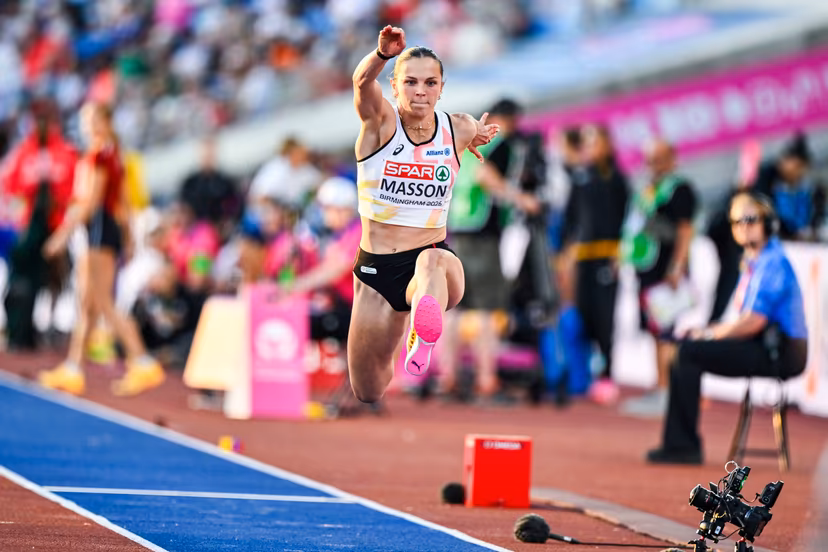 Belgian Ilona Masson pictured in action during the qualifications of the women's triple jump event at the European Athletics Championships (August 10-18) in Birmingham, United Kingdom, on Monday 10 August 2026. BELGA PHOTO ERIC LALMAND