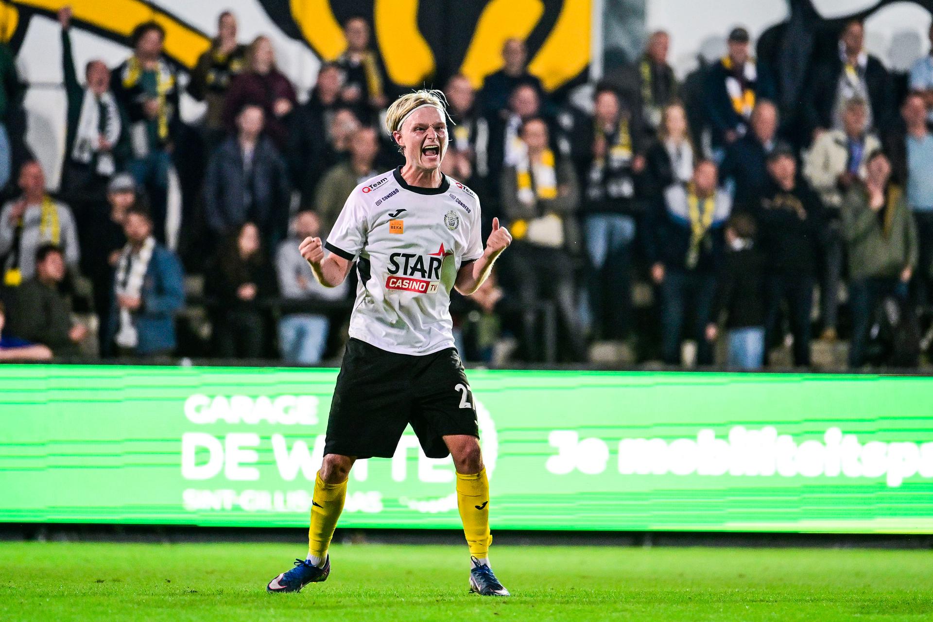 Lokeren's Rune Van Den Bergh celebrates after scoring during a soccer match between KSC Lokeren and KAS Eupen, Friday 21 August 2026 in Lokeren, on day 3 of the 2026-2027 'Challenger Pro League' the second highest division of the Belgian championship. BELGA PHOTO TOM GOYVAERTS