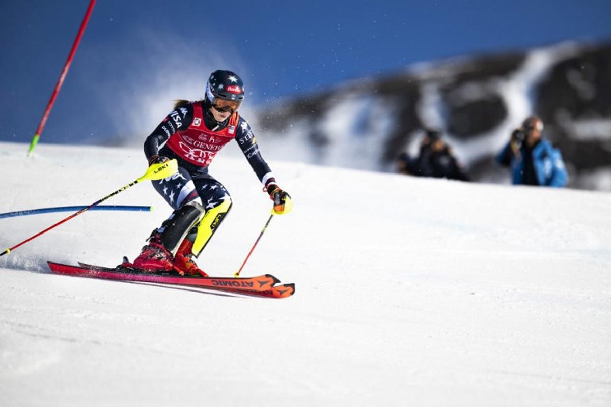 US' Mikaela Shiffrin competes in the first run of the Women's Slalom race during the FIS Ski World Cup event in Are, Sweden, on March 15, 2026. Pontus LUNDAHL / TT News Agency / AFP