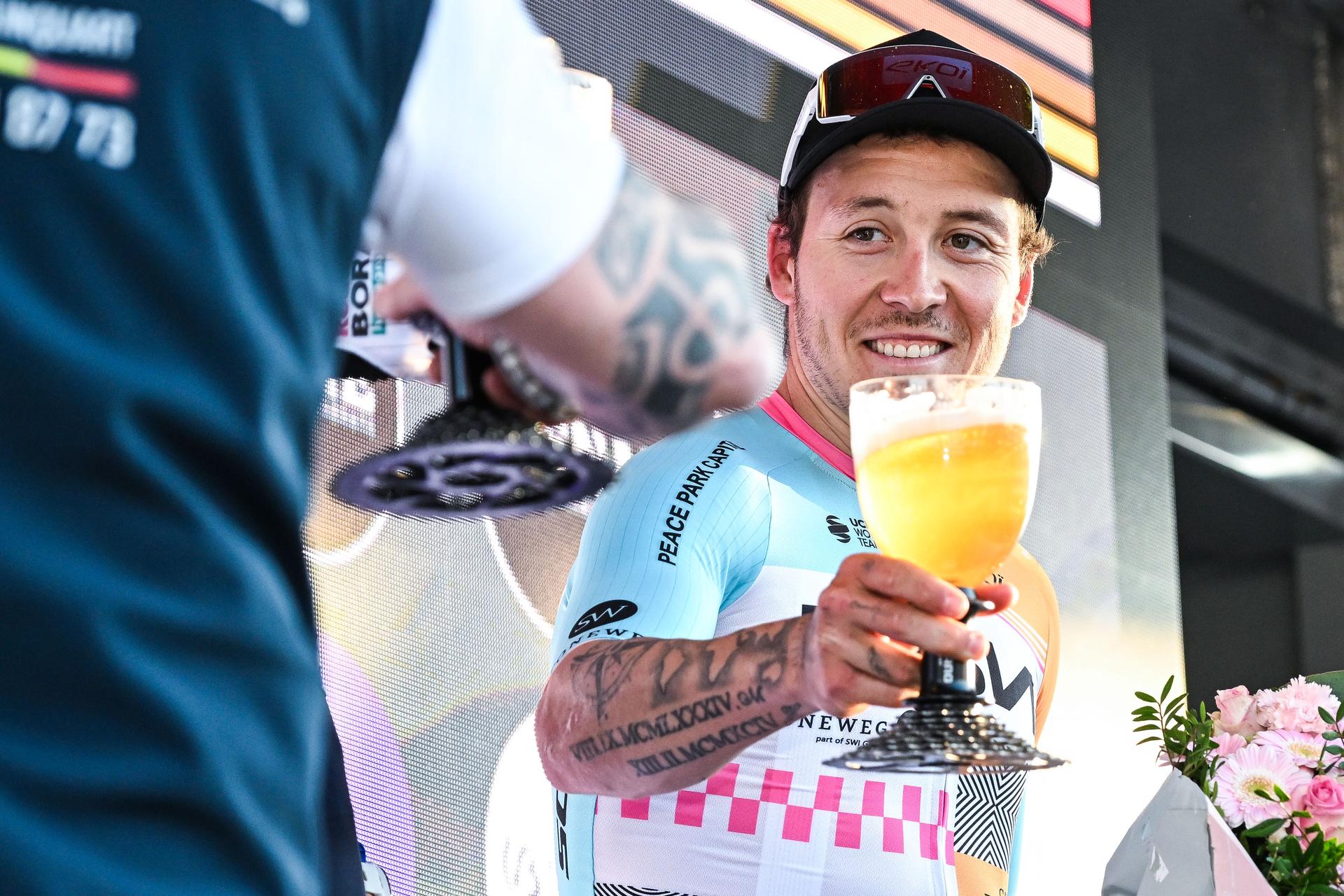 French Hugo Hofstetter of NSN Cycling Team pictured on the podium after the 'Ename Samyn Classic' one day cycling race, 203,8km from Quaregnon to Dour on Tuesday 03 March 2026. BELGA PHOTO MAARTEN STRAETEMANS