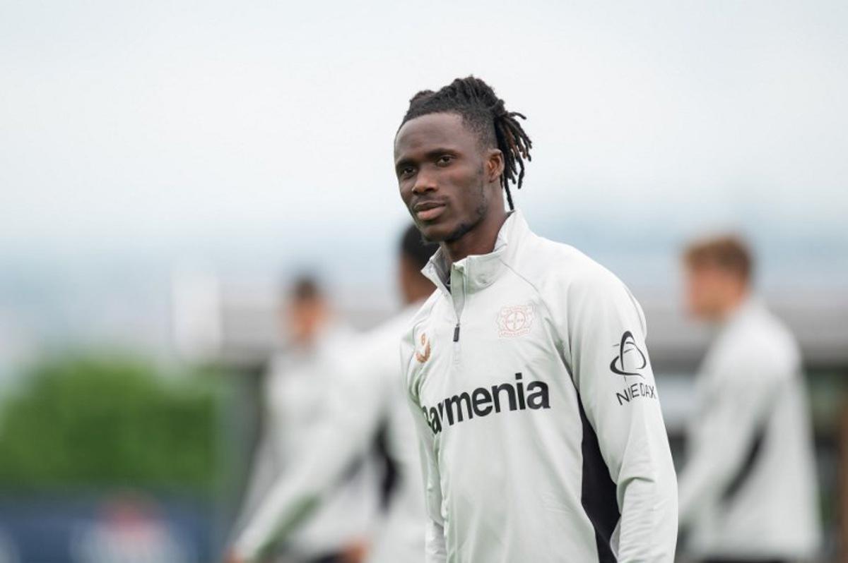 Bayer Leverkusen's Ivorian defender #06 Odilon Kossounou attends a trainings session of German first division Bundesliga football club Bayer Leverkusen, on August 1, 2024, in Donaueschingen. SILAS STEIN / AFP