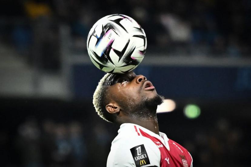 Monaco's French forward #19 George Ilenikhena heads the ball during the French L1 football match between Le Havre AC and AS Monaco at the Oceane Stadium in Le Havre, north-western France, on January 24, 2026. Lou BENOIST / AFP