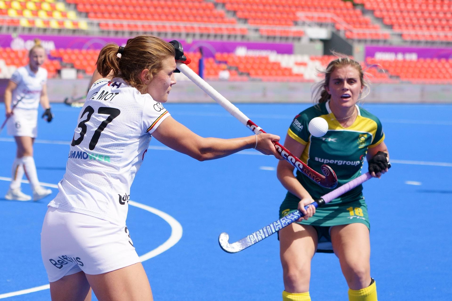 Belgium's France De Mot pictured in action during a hockey match between Belgian Red Panthers and South Africa, Sunday 03 July 2022 in Terrassa, Spain, game 1/3 in pool D of the group stage of the 2022 Women's FIH world cup. BELGA PHOTO JOMA GARCIA