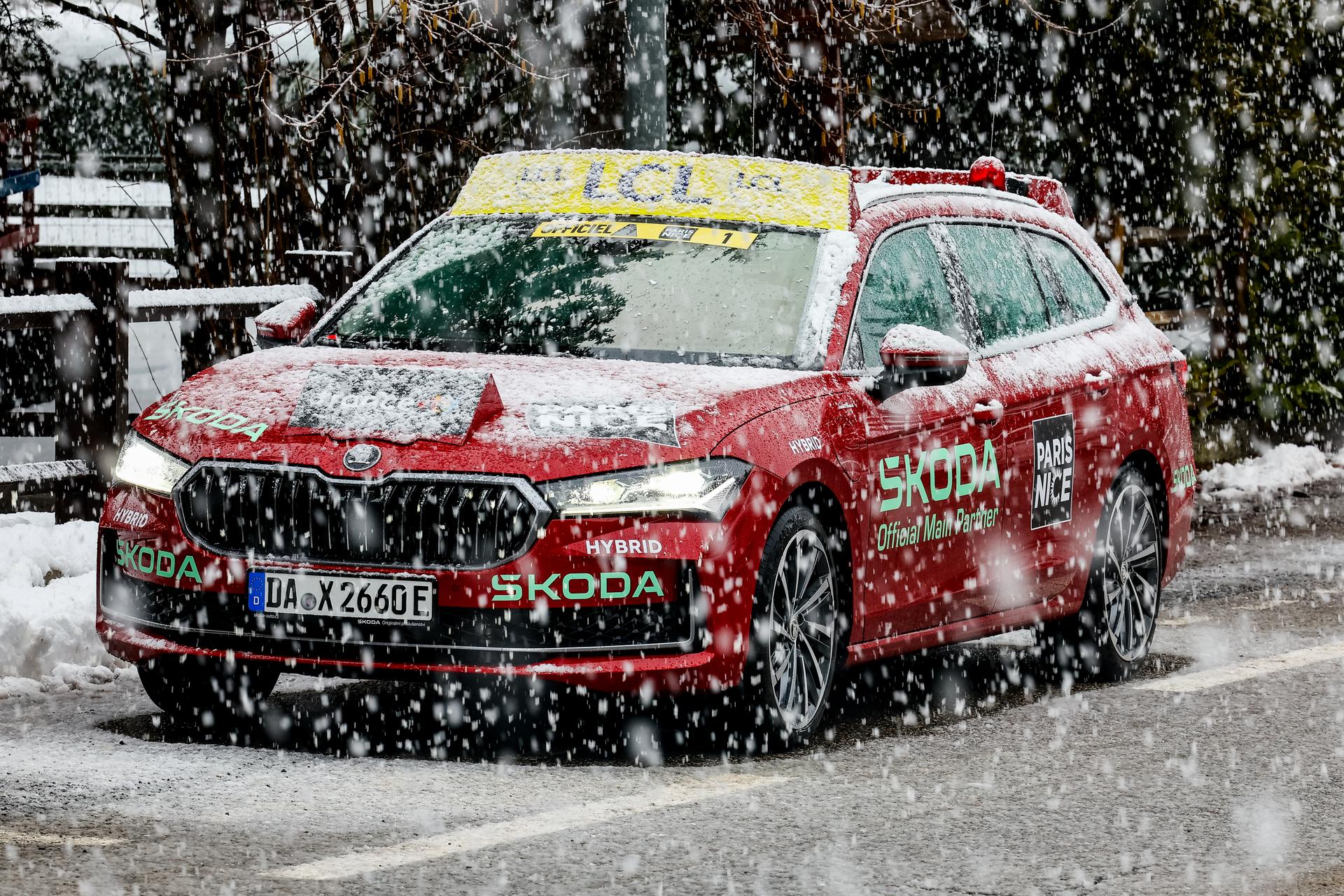 A picture showing a car covered in snow at the end of stage seven of the 83th edition of the Paris-Nice cycling race, 147,8 km from Nice to Auron, France, Saturday 15 March 2025. BELGA PHOTO DAVID PINTENS