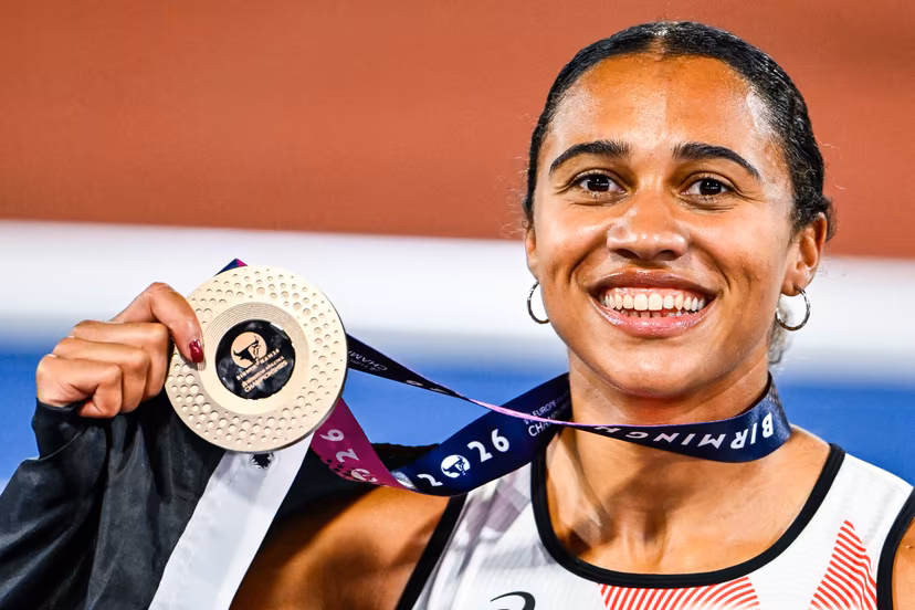 Belgian Delphine Nkansa celebrates with her bronze medal after the final of the women's 100m race at the European Athletics Championships (August 10-18) in Birmingham, United Kingdom, on Monday 10 August 2026. BELGA PHOTO ERIC LALMAND